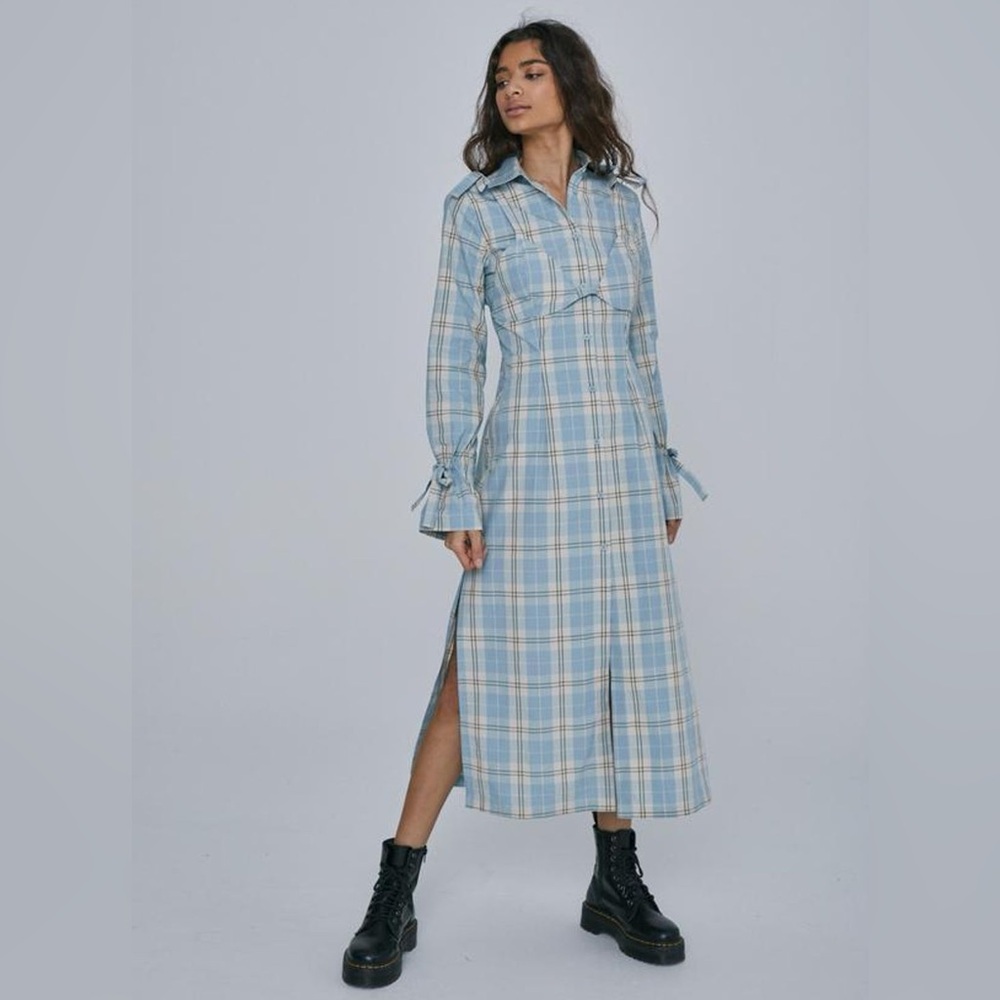 The Ragged Priest Blue Plaid Maxi Shirt Dress US 2